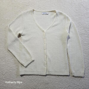 Giorgio Valeri V-Neck Pearl Button Cardigan 50% Wool Blend Boucle Cream Italy